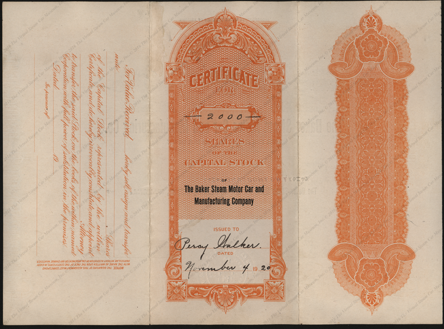 Baker Steam Motor Car and Manufacturing Company, November 4, 1920 Stock Certificate 10500, Reverse