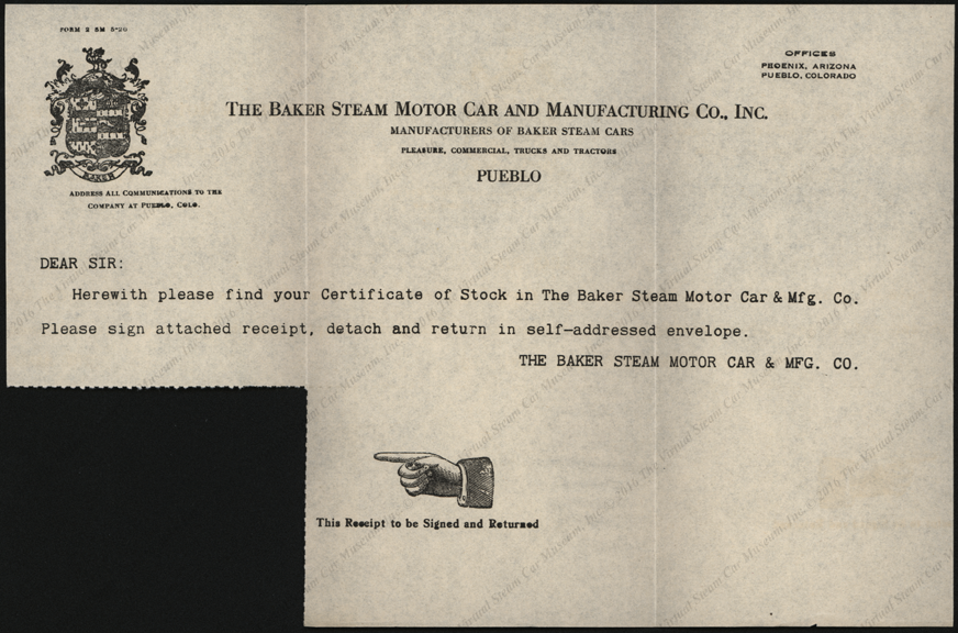 Baker Steam Motor Car and Manufacturing Company, November 4, 1920 Stock Certificate Instructions 10500