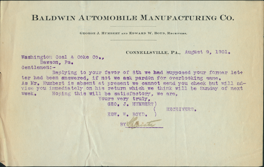 Baldwin Automobile Manufacturing Company, Bankruptcy Document