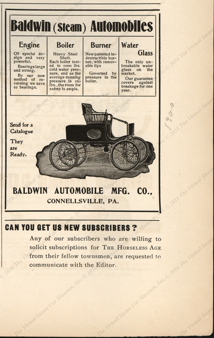 Baldwin Automobile Manufacturing Company, August 22, 1900, Horseless Age Magazine Advertisement, page 7