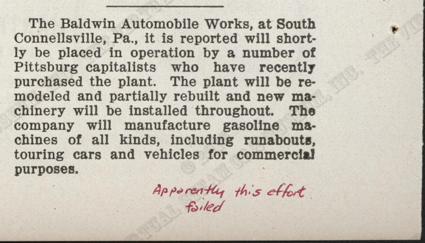 Baldwin Automobile and Manufacturing Company, August 1908, Magazine Article, Cycle and Automobile Trade Journal, P. 138, Photocopy, Conde Collection