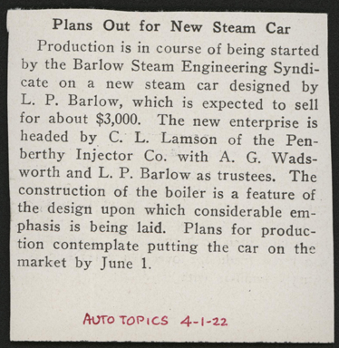 Barlow Steam Car Company, Barlow Steam Engineering Syndicate, APril 1, 1922, Auto Topics Article