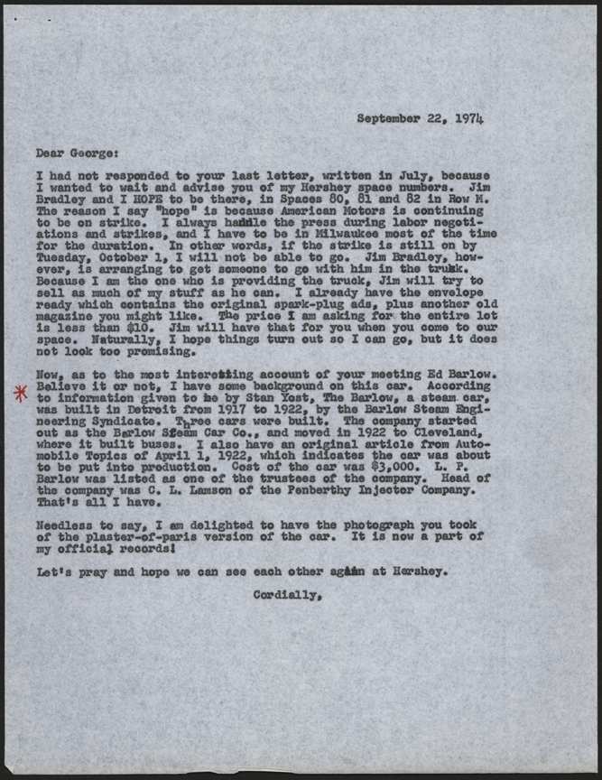 Barlow Steam Car Company, Barlow Steam Engineering Syndicate, John A. Conde to George S. Clark Letter, September 22, 1974