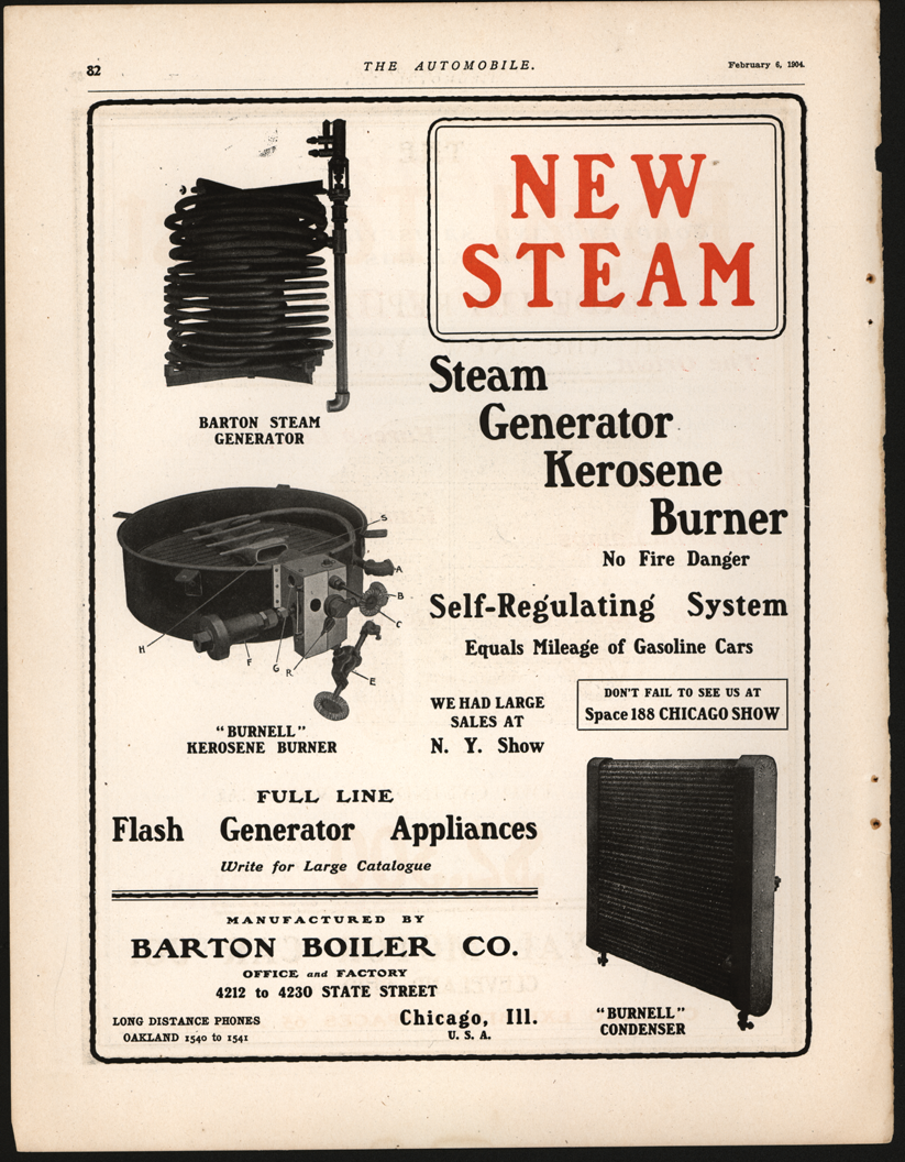 The Barton Boiler Company of Chicago, IL placed this full page advertisement in the February 6, 1904 issue of The Automobile, page 82