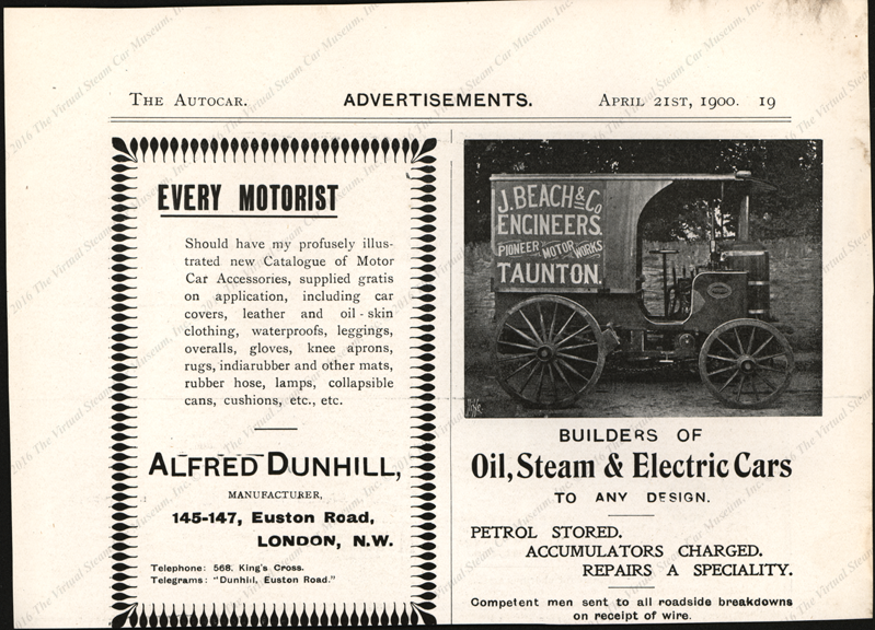 J. Beach & Company, Pioneer Motor Works, Taunton, England, Steam Car April 21, 1900 Magazine Advertisement, The Autocar