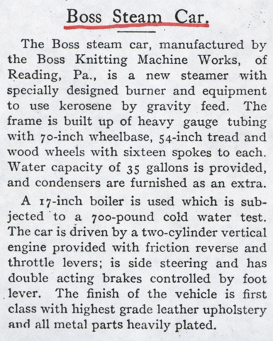 Boss Knitting Machine Works, Magazine Article, The Automobile, February 13, 1905, p. 208. Photocopy.  Conde Collection.