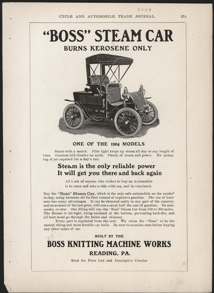 Boss Knitting Machine Works, Reading, PA, February 1904, Cycle and Automobile Trade Journal, p. 57a.  Conde Collection.