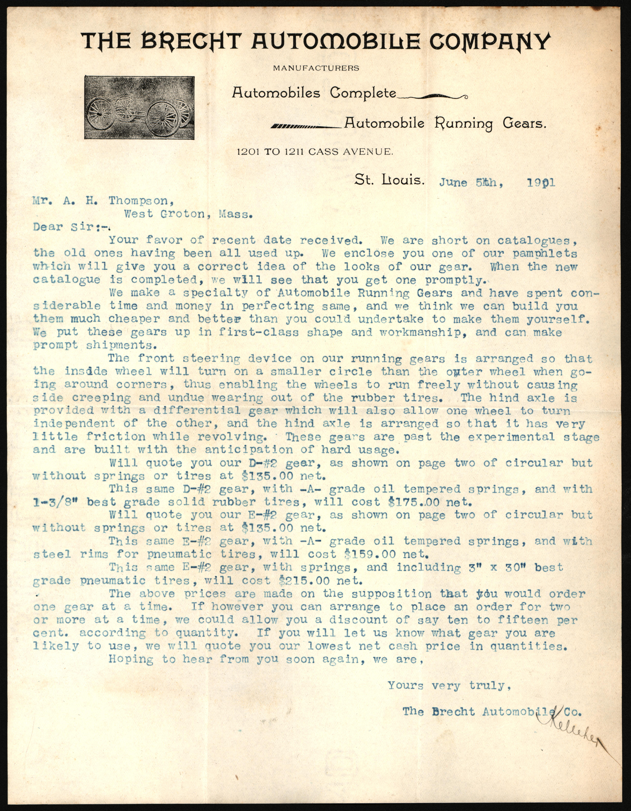Brecht Automobile Company, St. Louis, MO, Letter to A. H. Thompson of West Groton, MA, June 5th, 1901