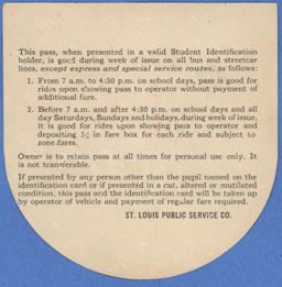 Brecht Automobile COmpany, Novembrer 98 - 14, 1953, Student Bus Pass for St. Louis Public Service Company, Reverse