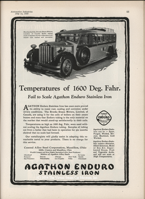 Brooks Steam Motors, Ltd., Automotive Industries July 18, 1928, Agathon Enduro Stainless, P. 53