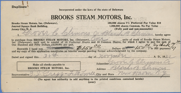 Brooks Steam Motors, Inc., Stock Receipt, November 30, 1932, Clemons, front