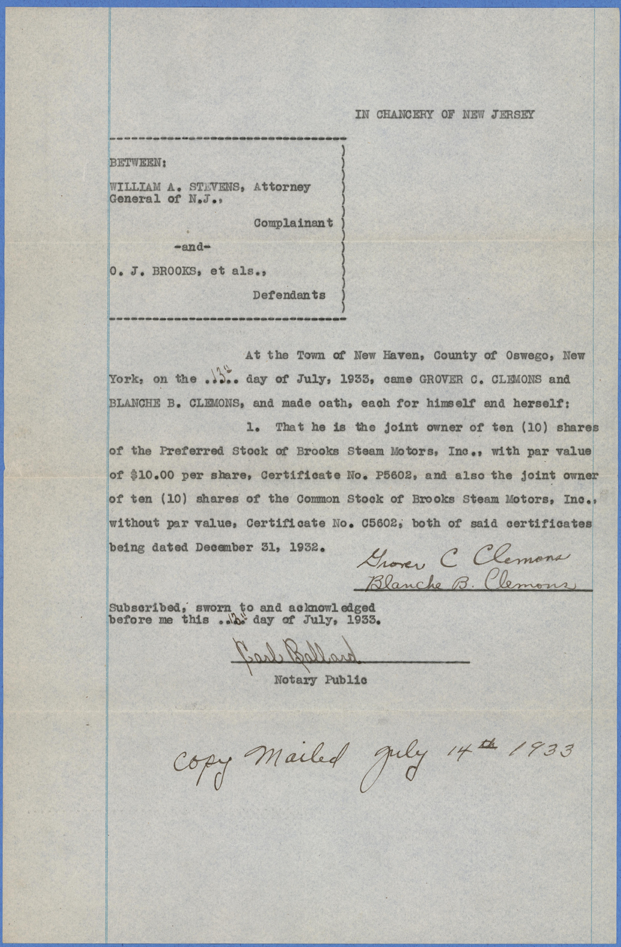 Brooks Steam Motors, Inc., Stock Ownership Statement, July 13, 1933, Clemons