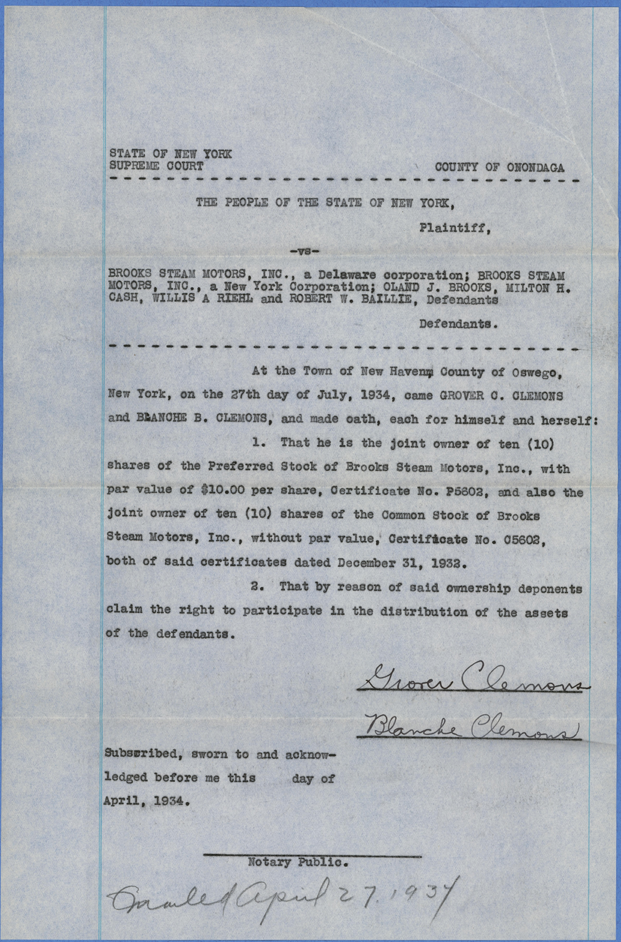 Brooks Steam Motors, Inc., Stock Ownership Statement, April 27, 1934, Clemons