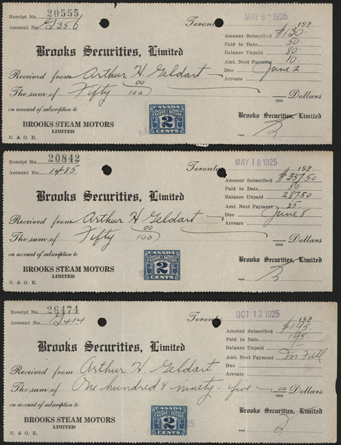 Brooks Steam Motors, Ltd., May 18, 1925, Stock Receipt, Brooks Securities, Ltd.