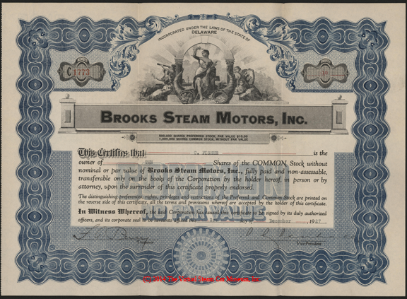 Brooks Steam Motors, Ltd., Stock Certificate, December 1, 1927, Fisher, front