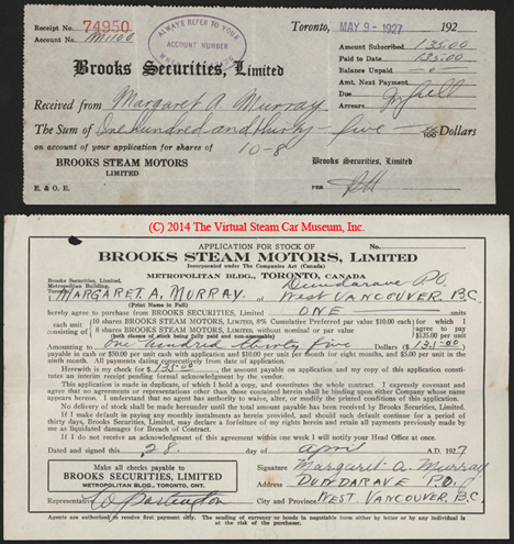 Brooks Steam Motors, Inc., Stock Purchase Receipt, April 24, 1927, Murray, Herbert