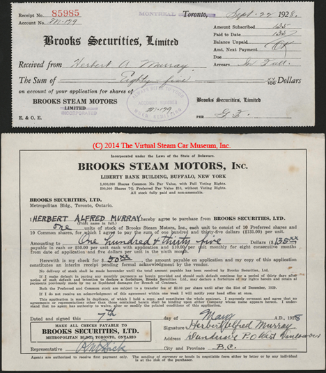 Brooks Steam Motors, Inc., Stock Purchase Receipts, May 7, 1928, Murray, Charles