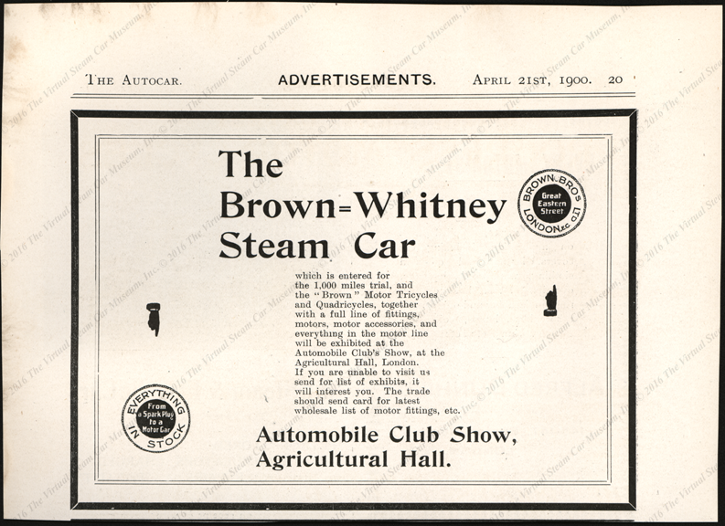 Brown Bros.,. Brown=Whitney Steam Car, The Autocar, April 21, 1900, Magazine Advertisement