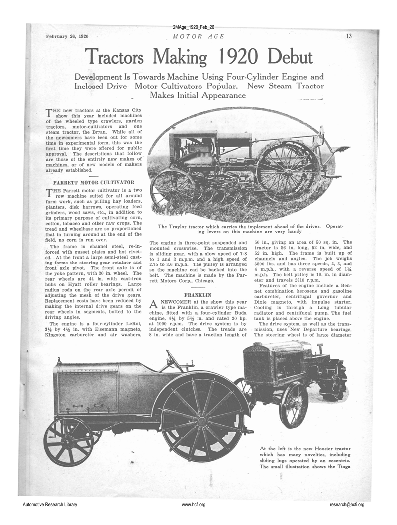 Bryan Harvester Corporation, Motor Age, February 26, 1920, p. 13