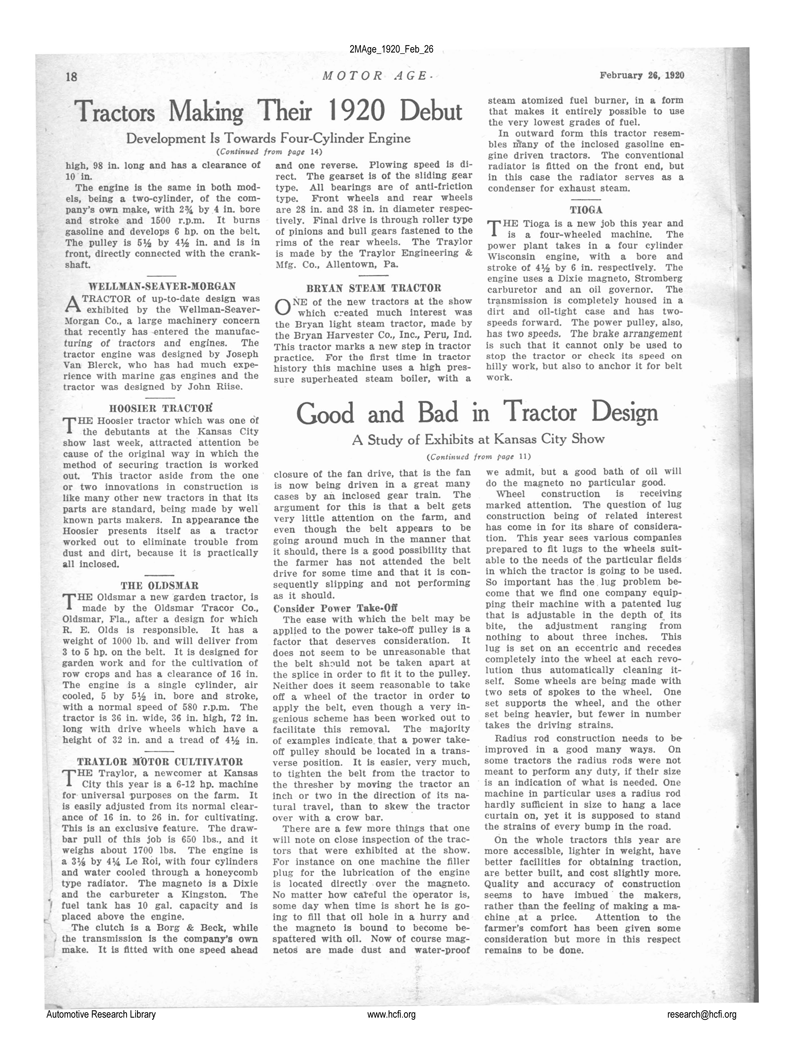 Bryan Harvester Corporation, February 26, 1920, Motor Age, p. 18