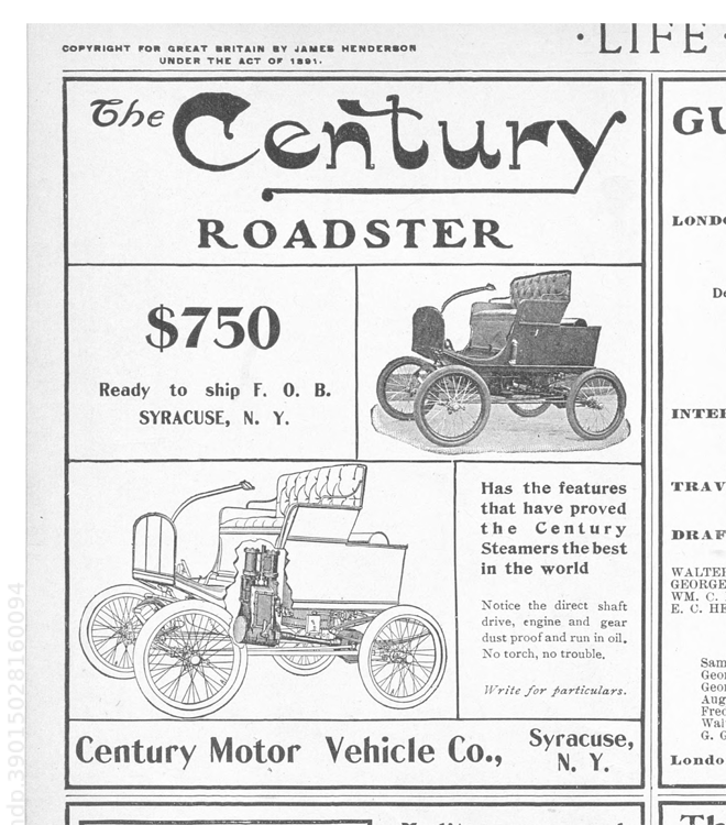 Century Motor Vehicle Company, Syracuse, NY, September 18, 1902, Life Magazine, p. 232