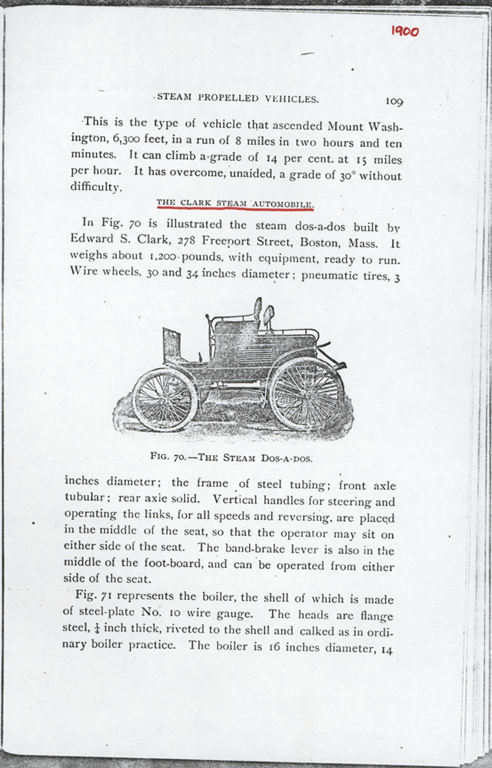 Clark, Edward S., Steam Car, Article in Gardner D. Hiscox 1900 book John A. Conde Collection