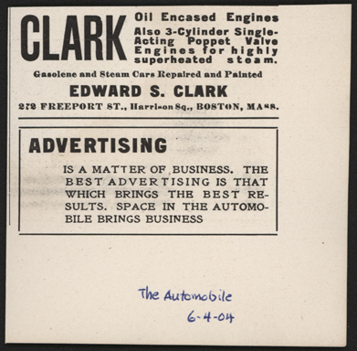 Edward S. Clark Steam Car Magazine Advertisement, June 1904, The Automobile