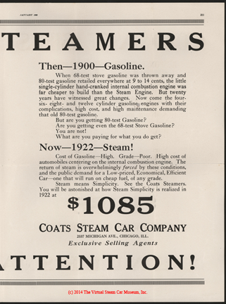 Coats Steam Motor Car Company, Motor Magazine Dealer's Solicitation Advertisement, January 1922, p. 211, e. H. Bryson