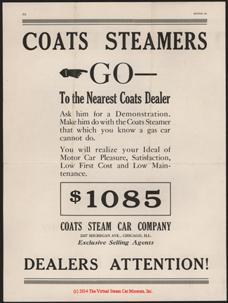 Coats Steam Motor Car Company, Motor Magazine Dealer's Solicitation Advertisement, January 1922, p. 212, e. H. Bryson