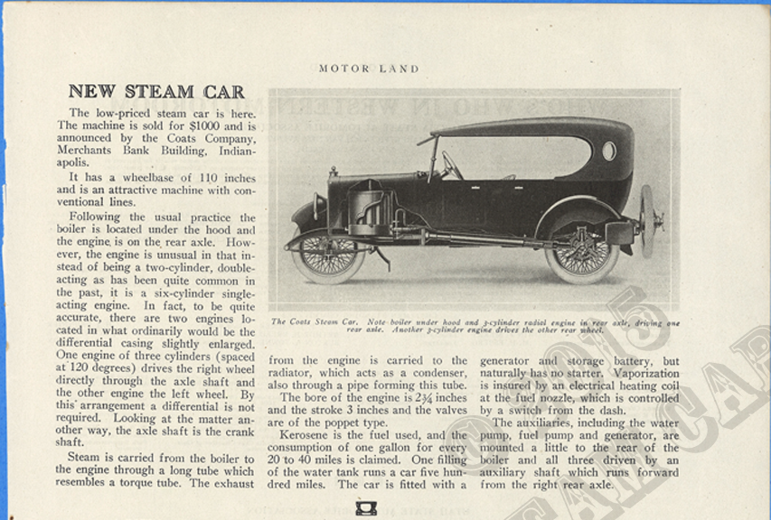 Coats Steam Car, Motor Land Magazine, May 1921, page 21