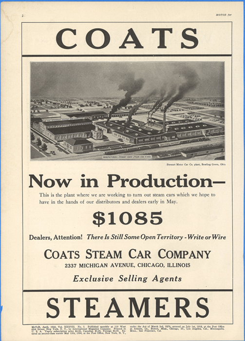 Coats Steam Car Company, Motor Magazine, April 1922, Vil. XXXVII. No. 5, p. 2.
