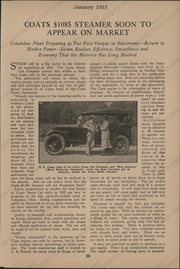 Coats Steam Car Company, January 1923, American Automobile Digest, pp. 39 - 40, Conde Collection
