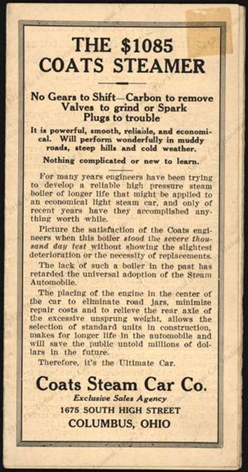 Coats Steam Car Company, ca: 1923, Trade Catalogue, Columbus, OH
