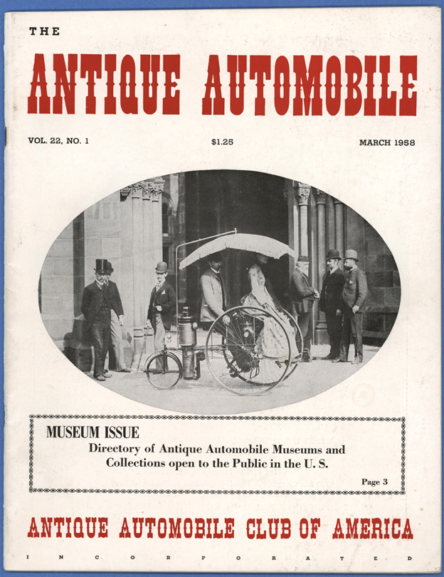 Antique Automobile Club of America Magazine, March 1858, Vol. 22, No. 1.  Photograph of Lucius Copeland's Steam Tricycle