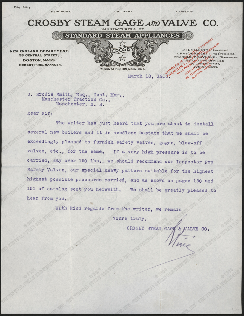 Crosby Steam Gage [sic] and Valve Copmany, Boston, MA Letter Manchester Traction, Light, and Power Company, March 18, 1915