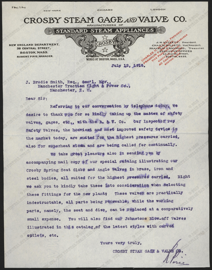 Crosby Steam Gage [sic] and Valve Copmany, Boston, MA Letter Manchester Traction, Light, and Power Company, July 7, 1915