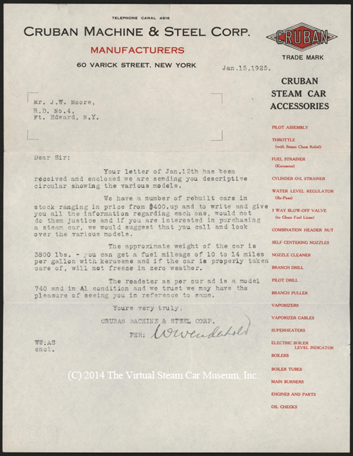 Cruban Machine & Steel Corporation, January 15, 1925, Letter to J. W. Moore