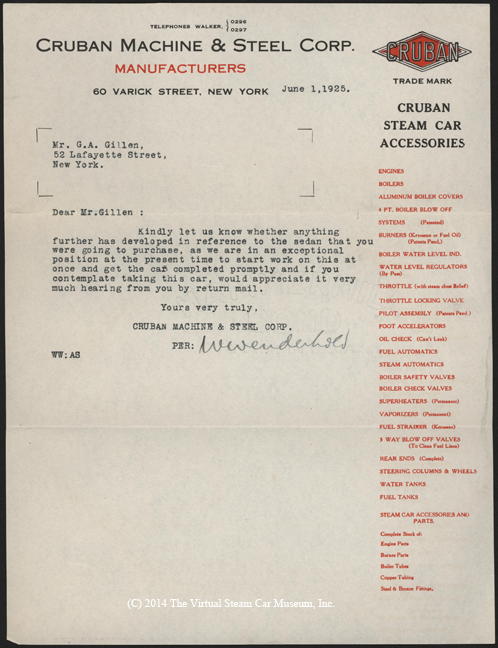 Cruban Machine and Steel Corp., June 1, 1925, G. A. Gibson letter