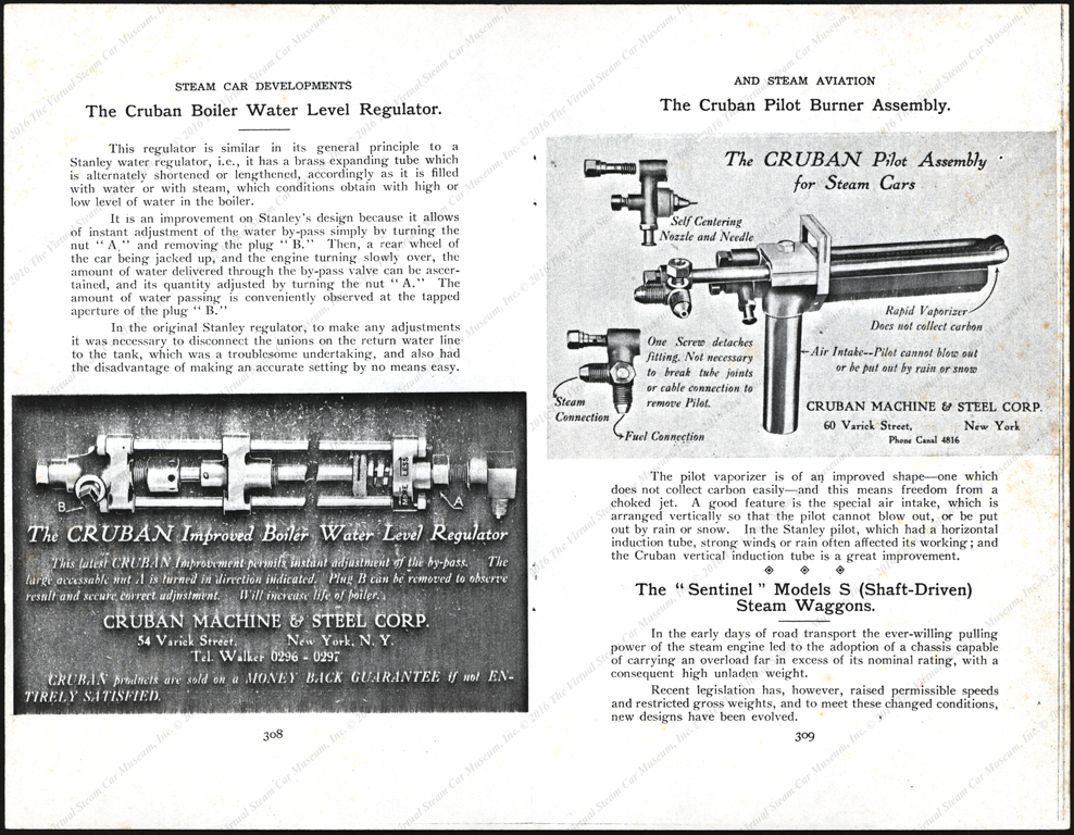 Cruban Machine & Steel Corporation, article in Steam Car developements and Steam Aviation showing two postcards.