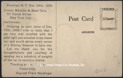 Cruban Machine & Steel Corporation, Pilot Postcard, December 23, 1922, Reverse