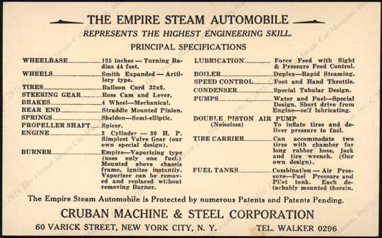 Cruban Machine & Steel Corporation, ca: 1925, Empire Steam  Automovile, Custom Built, Postcard, Reverse