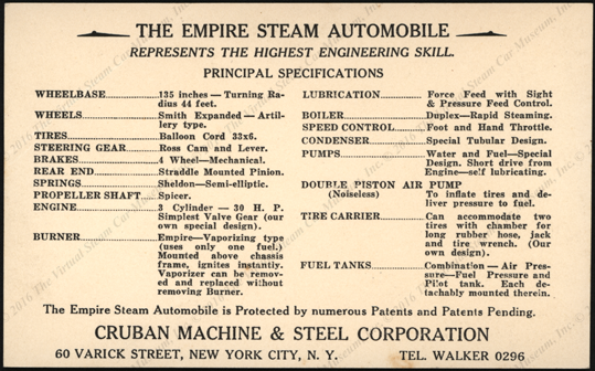 Cruban Machine & Steel Corporation, ca: 1925, Empire Steam Automovile, Custom Built, Postcard, Reverse