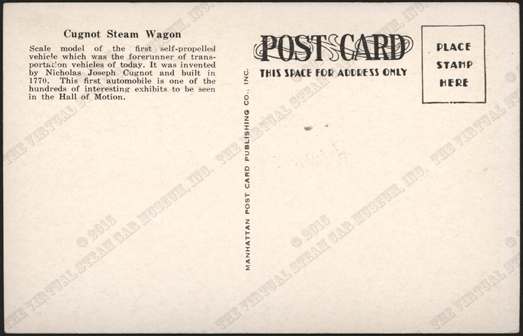 Cugnot Steam Wagon Postcard, New York Museum of Science & Industry, Reverse