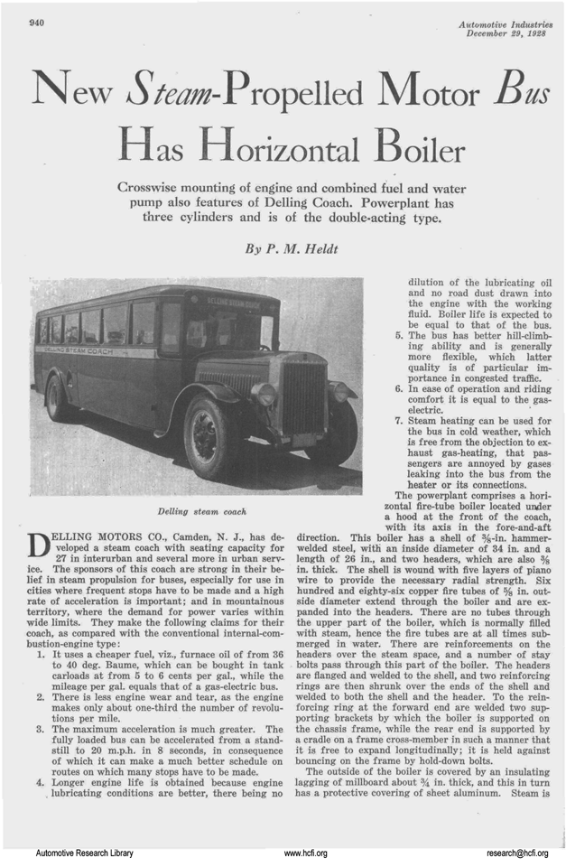 Delling Motors Company, Steam Bus, Automotive Inducstries, December 12, 1928, p. 940.