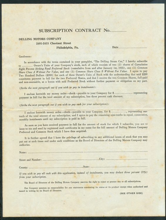 Delling Motors Company, 1925 Stock Solicitation Document Front
