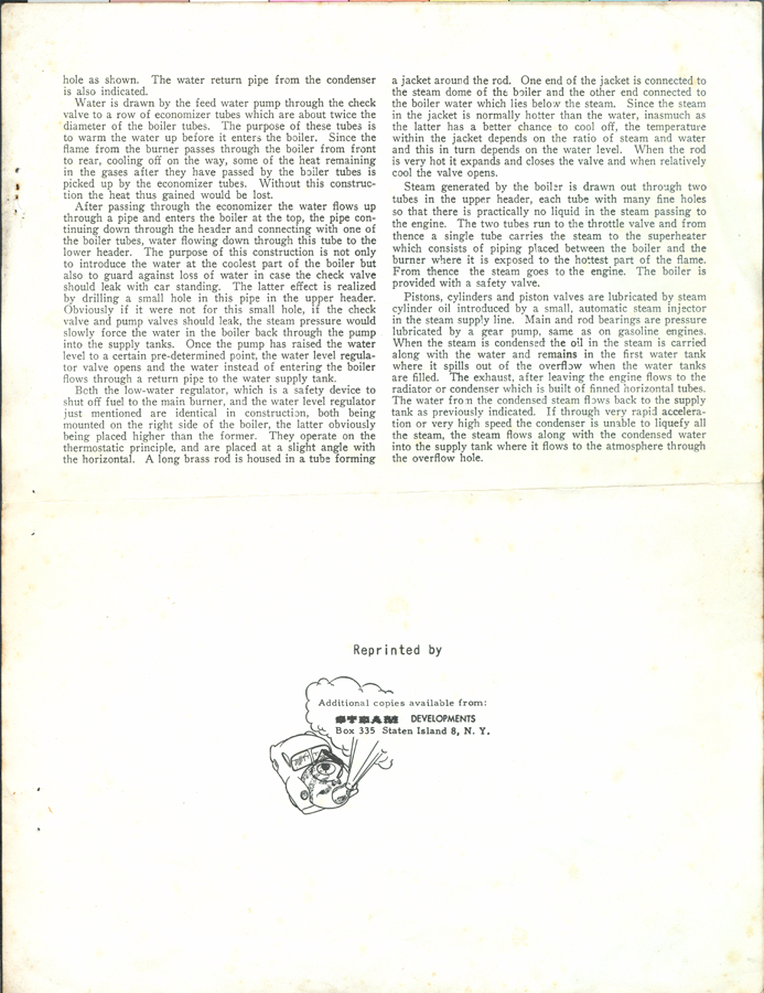 Delling Steam Car, Steam Developments Reprint, P. O. Box 335, Staten Island, 8 New York, from Motor Magazine