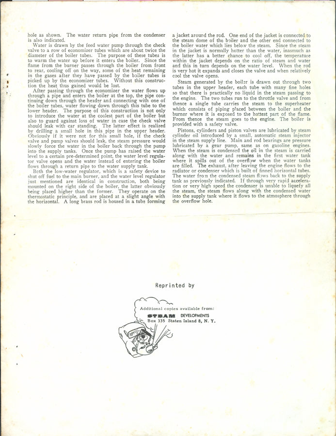 Delling Steam Car, Steam Developments Reprint, P. O. Box 335, Staten Island, 8 New York, from Motor Magazine