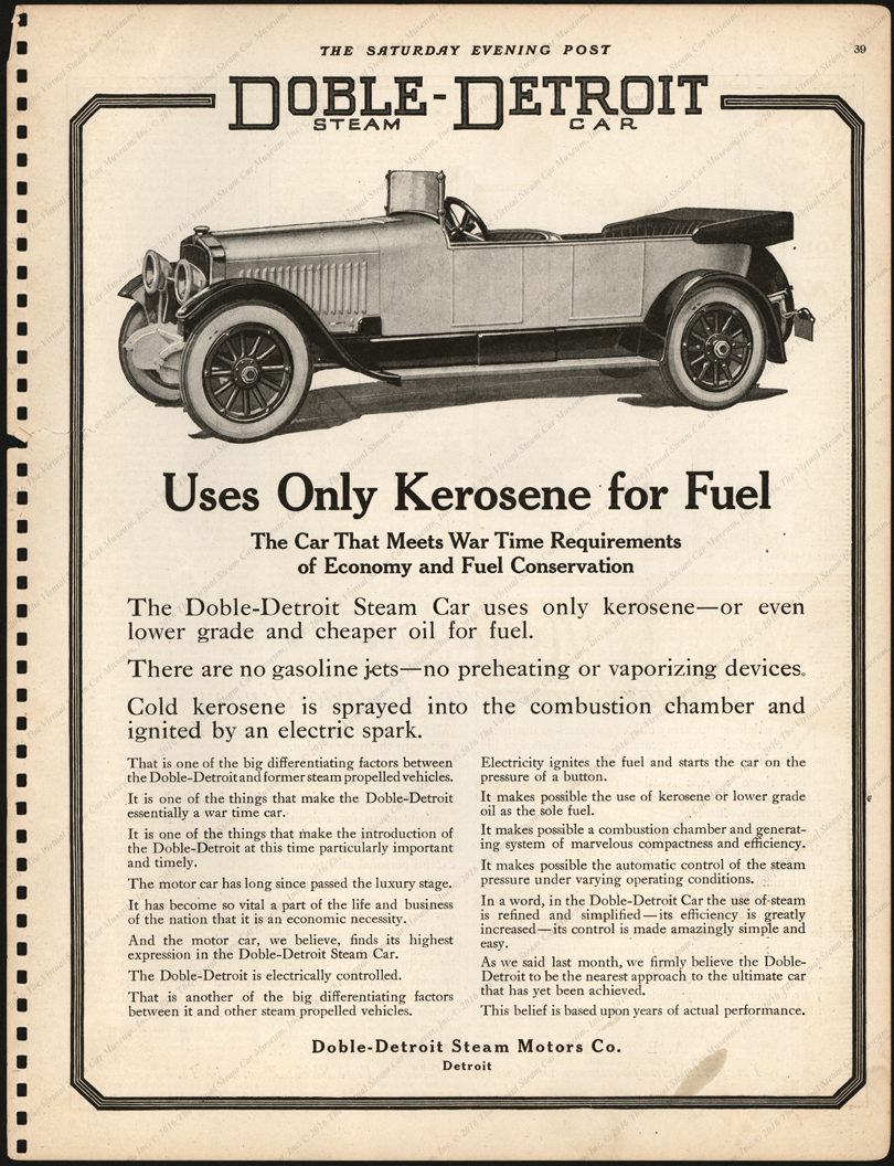 Doble-Detroit Steam Motors Company, Saturday Evening Post Magazine Advertisement,  December 17, 1917