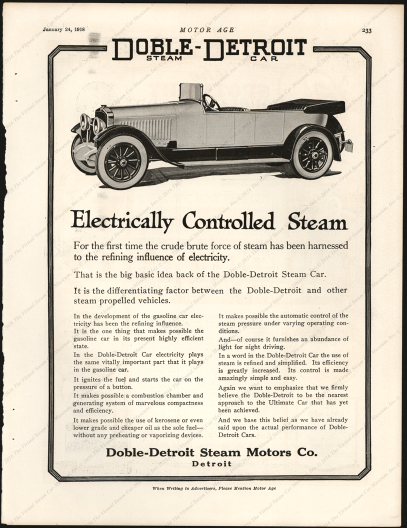 Doble Detroit Steam Motors Company, January 24, 1918 Magazine Advertisement, Motor Age, p. 233