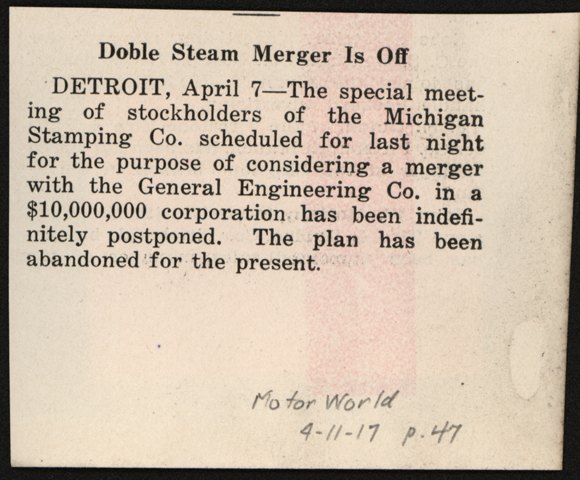 Michagan Stamping Companym Motor World Article, April 11, 1917, p. 47, Conde Collection